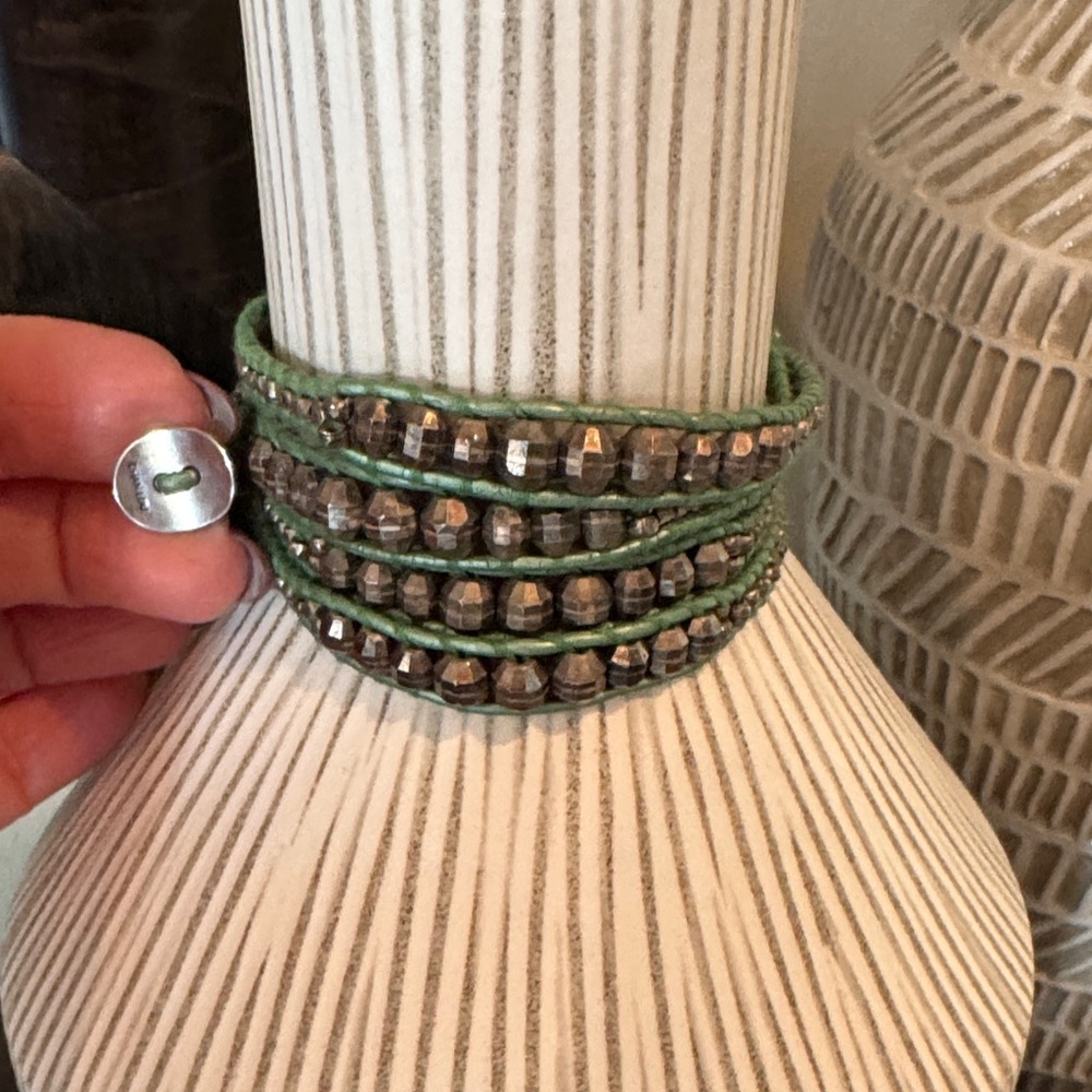CHAN LUU Hematite Beaded Green Leather Wrap Bracelet with Sterling Silver Clasp